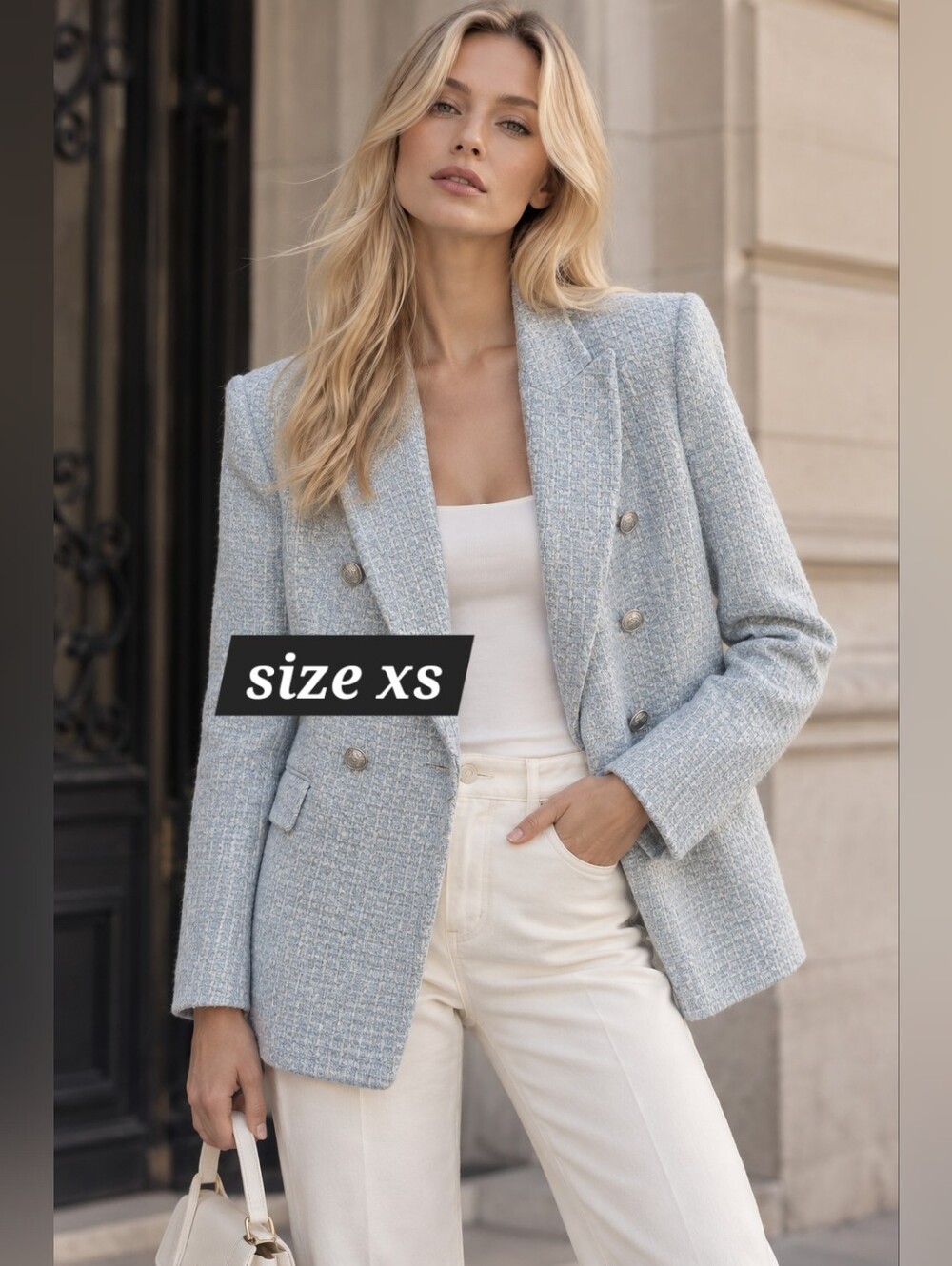 ZARA BLOGGERS FAV  NEW DOUBLE BREASTED TEXTURED WEAVE blazer SKY BLUE 7553 144